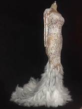 Evening Dance Rhinestones Feather Nude Dress Sexy Nightclub Full Stones Long Big Tail Costume Prom Birthday Celebrate Dresses 2024 - buy cheap