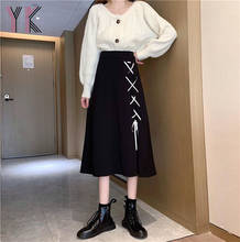 Falda Midi plisada de cintura alta con cordones cruzados para mujer, falda larga gótica de Color sólido negro, estilo Harajuku, Vintage, 2021 2024 - compra barato