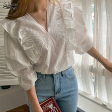 2021 New Korean Vintage Palace Style V-neck Half-sleeved Shirt Spring Lace Ruffled Blouse Women Fashion Loose Slim Top 13585 2024 - buy cheap