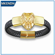 MKENDN Genuine Leather Bracelet Braided Rope Chain Stainless Steel Wristband Magnetic Clasp Buddha Lion Eagle Men Jewelry 2024 - buy cheap