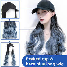 Women's Hat Wig One Peak Cap Haze Blue Large Wavy Long Hair Wig Synthetic Hair Dark Brown Black Curly Wig 2024 - buy cheap