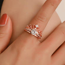 Kpop anel de duas peças na coroa, anéis ajustáveis para mulheres, deusa de zircônia, conjunto aberto, joias de casamento para meninas 2024 - compre barato