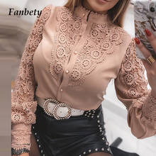 Women Elegant Hollow Out Lace Blouses Shirt 2021 Spring Autumn Puff Long Sleeve Tops Office Lady Sexy Stand Neck Patchwork Blusa 2024 - buy cheap