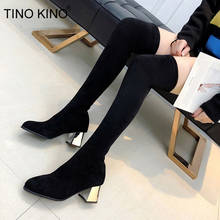TINO KINO/новые женские сапоги выше колена Замшевые женские сапоги больших размеров без шнуровки на высоком квадратном каблуке; пикантные женские сапоги до бедра 2024 - купить недорого