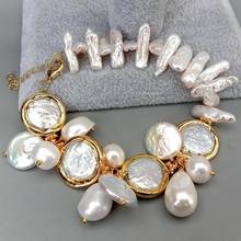YYGEM-pulsera de perlas naturales de agua dulce, pulsera de perlas blancas Biwa, moneda Keshi, concha de mar, 8" 2024 - compra barato