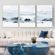 Póster de lona con tinta de Lago brumoso para decoración del hogar, pintura de pájaros de montaña, paisaje de pescador, arte de pared, imagen impresa para sala de estar 2024 - compra barato