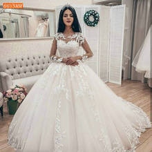 Роскошное арабское белое свадебное платье с длинным рукавом и аппликацией, фатиновое бальное платье, свадебные платья в африканском стиле 2020, свадебное платье на заказ 2024 - купить недорого