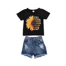 Roupas femininas de verão para crianças, 1-6 anos, camiseta com estampa de girassol, shorts jeans, 2 peças 2024 - compre barato