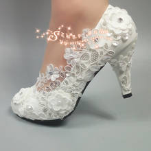 White rhinestone flower lace wedding shoes bride high heel crystal pearl wedding photo bridesmaid round head waterproof 2024 - buy cheap