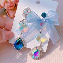 Korean Sweet Asymmetric Yarn Bowknot Elegant Crystal Drop Earrings For Women Fashion Holiday Party Jewelry Gifts 2024 - buy cheap