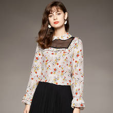 Женская рубашка из натурального шелка, элегантная офисная блузка в стиле пэчворк с воротником «Питер Пэн» и длинным рукавом, блузка из чистого натурального шелка с цветочным принтом, 100% 2024 - купить недорого