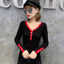 #5722 Spring Red Black Long Sleeve T Shirt Women Deep V-Neck Duttons Sexy Tight Basic T-shirt Female Cotton Slim Korean Fashion  2024 - buy cheap