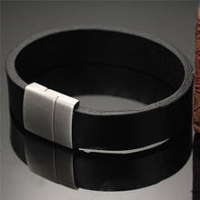 Pulsera de cuero auténtico de acero inoxidable para hombre, brazalete sencillo de alta calidad, Color negro, a la moda, regalo de joyería 2024 - compra barato