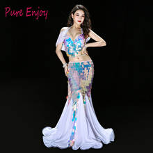 White Pink Princess Fishtail Belly Dance Performance Costume Bling Bling Sequin Shine Team Dance Luxury Outfit Bra Long Skir 2024 - buy cheap