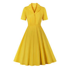 2021 Notched Collar Retro Vintage Women Swing Dress Solid Color Yellow Pin Up Short Sleeve 50s Cotton Casual Rockabilly Jurken 2024 - buy cheap