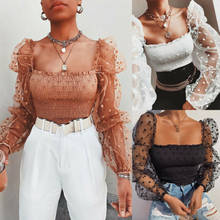 Sexy Women Wrinkled Backless Blouse Shirt Mesh Sheer Puff Sleeve Wrap Chest Tops 2020 Spring Summer Ladies Dots Blouse 2024 - buy cheap