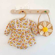 Outono bebê menina manga longa bodysuit amarelo floral triângulo do bebê macacão com bandana bebê recém-nascido roupas da menina 2024 - compre barato