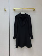 Vestido elegante de oficina de talle alto para mujer, ropa negra de diseño de gama alta con lazo, cuello en V, manga farol, 2021 2024 - compra barato