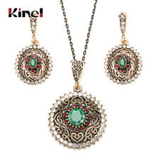 Kinel Boho Crystal Flower Green Stone Pendant Necklace Earring For Women Ancient Gold Color Ethnic Necklace Vintage Jewelry Sets 2024 - buy cheap
