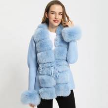 Janefur casaco de pele de raposa real, suéter feminino de tricô, manga comprida chique com cinto e casaco slim de lã 2024 - compre barato