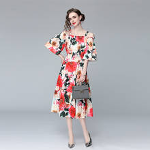 Menahem vestido boêmio de passarela de verão 2021, vestido feminino com manga larga, alça espaguete, vermelho, floral, vestidos elegantes para férias 2024 - compre barato