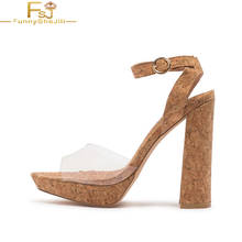 Brown Cork Platform High Chunky Heels Sandals Open Toe Ankle Strap Large Size 15 16 Ladies Summer Women Clear Vamp Shoes Shofoo 2024 - buy cheap