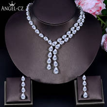 ANGELCZ-Conjuntos de joyas de boda de compromiso clásico para mujer, aretes largos de circonita cúbica en forma de lágrima de calidad AAA, collar AJ199 2024 - compra barato
