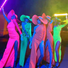 Vestido fluorescente feminino vdb3380, vestuário de festa com fenda sexy, chapéu grande, boate, dj, gogo, dançarino, cantor 2024 - compre barato