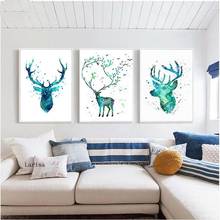 Arte de aquarela azul de animais, pôster de veado e estampas de silhueta, arte de parede, pintura em tela para decoração de casa, sala de estar 2024 - compre barato