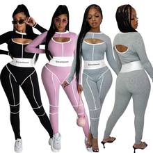 Echoine Knit Letter Print Active Wear Two Piece Set Women Long Sleeve Crop Top Joggers Matching Bodycon Jumpsuits Fitness Outfit 2024 - buy cheap
