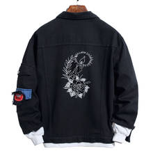 Men's Flower Print Black Denim Jacket Fashion Bird Embroidery Patchwork Jean Coat Outwear 2024 - buy cheap