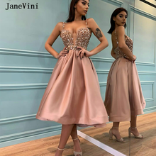 JaneVini Sexy A Line Satin Cocktail Dresses Spaghetti Straps Sparkly Beading Tea Length Plus Size Women Dinner Gowns Customize 2024 - buy cheap