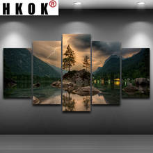 HKOK Abstract 5 Pieces Canvas Paintings Posters Prints Mountain Lake Lightning Landscape Wall Art Picture Home Decor Living Room 2024 - buy cheap