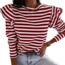 Fashion Women Striped T Shirt Long Sleeve Ruffles Tee Shirt Femme Elegant Ladies OL tshirt Party Club Casual Top Streetwear 2024 - buy cheap