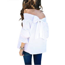 Camisas femininas moda outono 2021, blusas com três quartos e laço branco, gola canoa, ombro de fora, manga bufante sexy 2024 - compre barato