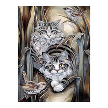 Pintura de diamante redondo de dos gatos y pájaros, mosaico bordado de punto de cruz 5D, imágenes al óleo 2024 - compra barato