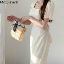 Mozuleva-Vestido largo de algodón y lino para mujer, traje informal de cintura alta con lazo y cuello cuadrado, para verano, 2021 2024 - compra barato