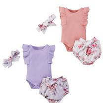 Conjunto de ropa para bebé de 0 a 18 meses, traje de manga corta acampanado rosa/púrpura, pantalones cortos con estampado Floral y lazo, diadema, novedad de verano de 2021, 3 uds. 2024 - compra barato
