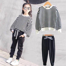 Teenager girls fashion lantern sleeve Striped tops + black pants 2pc Tracksuit Children's Clothing Sets Kids Sprot Clothes 2024 - buy cheap