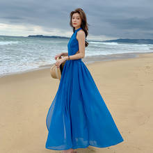 Tingyili halter pescoço azul longo vestido de praia feminino férias verão chiffon boho vestido coreano sem costas sexy maxi vestido com fenda 2024 - compre barato