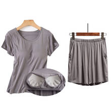 Modal Soft Women's Pajamas Set Short Sleeve Sleepwear T-shirt Shorts with Thumb Chest Pads Female American Yoga Loungewear 2024 - buy cheap