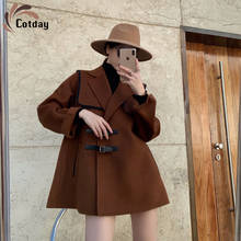 Cotday Thick Design Brown Sense Little Chap Cloak Overcoat Brown Hepburn Vintage Women's Middle Long Small Woolen Blend Coat 2024 - buy cheap