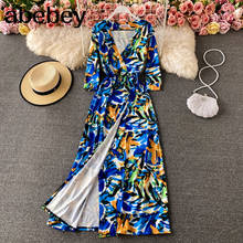 2021 New Summer Vintage versatile V-Neck long sleeve Dress painting print lace up waist slim one-piece split Wrap Dress 2024 - buy cheap