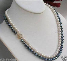 Collar de perlas blancas y negras, 2 filas, 7-8MM, 17-18" 2024 - compra barato