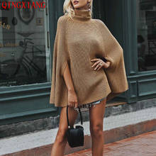 Women Khaki White Long Cape Half Sleeves Poncho 2020 Autumn Winter Knitted New Bat Sleeves Sweater High Neck Solid Pullover Coat 2024 - buy cheap