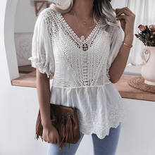 Puff Short Sleeve Lace Patchwork Women's Blouses Ruffle V-Neck Loose Female Tops 2021 Trend Summer New Fashion Ladies Blouse 2024 - buy cheap