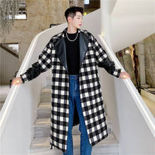 Men Leather Splice Casual Loose Woolen Plaid Trench Coat Outerwear Male Vintage Fashion Streetwear Belt Wool Jacket Overcoat 2024 - buy cheap