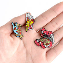 Devil zombie's hand holding pizza Terrible enamel brooch Ribbon "REAL FRIENDS" Rock gesture Creative punk badge 2024 - buy cheap