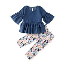 Toddler Kid Baby Girl Clothes Sets Autumn Flare Sleeve Solid Tops Dress Long Floral Pants Outfit Clothes 1-6Yrs 2024 - buy cheap