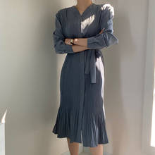 Vestido de camisa feminino plissado, manga longa, botões, decote em v, elegante e chique 2024 - compre barato